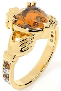 Diamond Citrine Gold Claddagh Ring