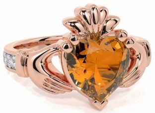 Diamond Citrine Rose Gold Silver Claddagh Ring