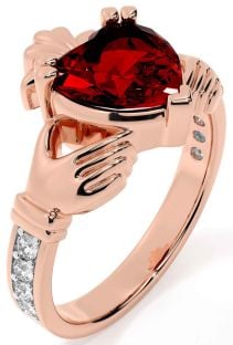 Diamond Garnet Rose Gold Silver Claddagh Ring