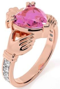 Diamond Pink Tourmaline Rose Gold Silver Claddagh Ring