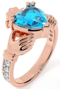 Diamond Topaz Rose Gold Silver Claddagh Ring