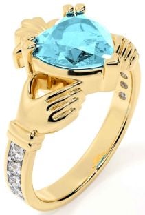 Diamond Aquamarine Gold Silver Claddagh Ring