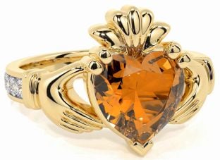 Diamond Citrine Gold Silver Claddagh Ring