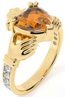 Diamond Citrine Gold Silver Claddagh Ring
