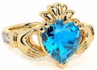 Diamond Topaz Gold Silver Claddagh Ring