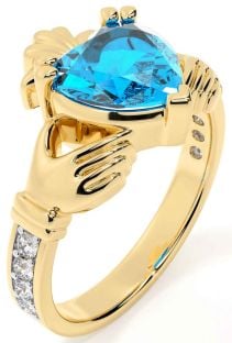 Diamond Topaz Gold Silver Claddagh Ring