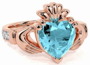 Diamond Aquamarine Rose Gold Claddagh Ring
