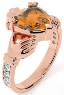 Diamond Citrine Rose Gold Claddagh Ring