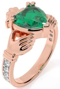 Diamond Emerald Rose Gold Claddagh Ring