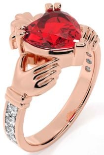 Diamond Ruby Rose Gold Claddagh Ring