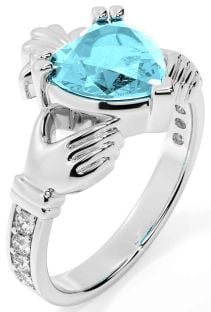 Diamond Aquamarine Silver Claddagh Ring