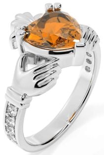 Diamond Citrine Silver Claddagh Ring