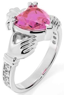 Diamante Rosa turmalina Plata Claddagh Anillo