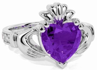 Diamond Amethyst White Gold Claddagh Ring