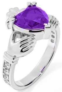 Diamond Amethyst White Gold Claddagh Ring