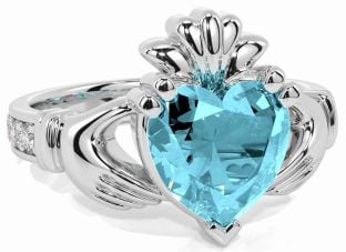 Diamond Aquamarine White Gold Claddagh Ring