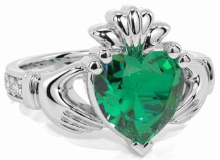Diamond Emerald White Gold Claddagh Ring