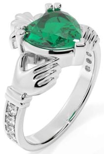 Diamond Emerald White Gold Claddagh Ring