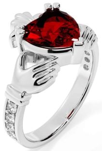 Diamond Garnet White Gold Claddagh Ring