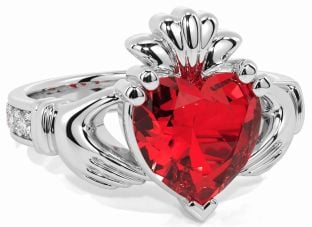 Diamond Ruby White Gold Claddagh Ring