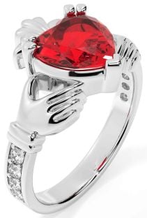 Diamond Ruby White Gold Claddagh Ring