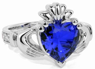 Diamond Sapphire White Gold Claddagh Ring