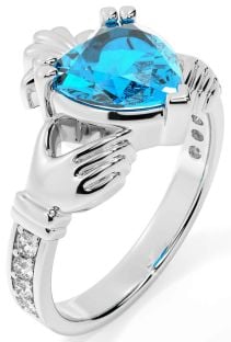 Diamond Topaz White Gold Claddagh Ring