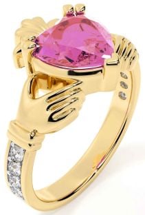 Diamond Pink Tourmaline Gold Claddagh Ring