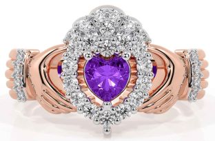 Diamond Amethyst Rose Gold Silver Claddagh Ring