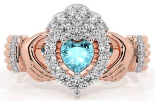 Diamond Aquamarine Rose Gold Silver Claddagh Ring