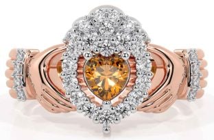 Diamond Citrine Rose Gold Silver Claddagh Ring