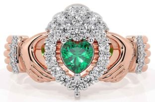 Diamond Emerald Rose Gold Silver Claddagh Ring