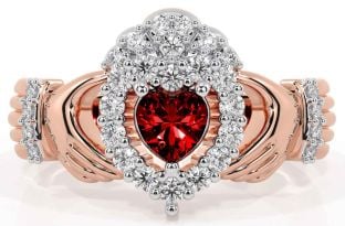 Diamond Garnet Rose Gold Silver Claddagh Ring