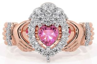 Diamond Pink Tourmaline Rose Gold Silver Claddagh Ring