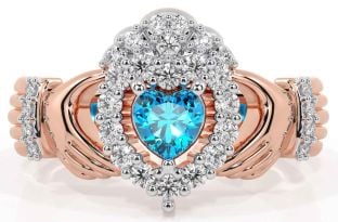 Diamond Topaz Rose Gold Silver Claddagh Ring