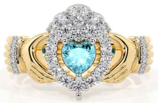 Diamond Aquamarine Gold Silver Claddagh Ring