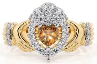 Diamond Citrine Gold Silver Claddagh Ring