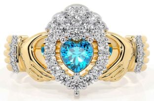 Diamond Topaz Gold Silver Claddagh Ring