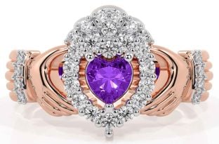 Diamond Amethyst Rose Gold Claddagh Ring