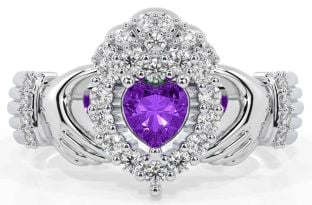 Diamond Amethyst Silver Claddagh Ring