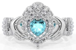 Diamond Aquamarine Silver Claddagh Ring