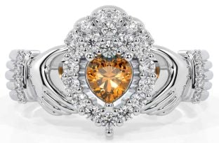 Diamond Citrine Silver Claddagh Ring