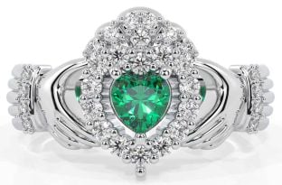 Diamond Emerald Silver Claddagh Ring