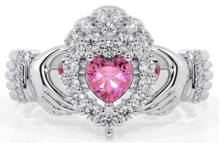 Diamond Pink Tourmaline Silver Claddagh Ring