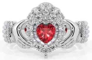 Diamond Ruby White Gold Claddagh Ring