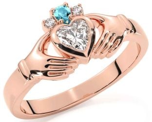 Diamond Aquamarine Rose Gold Silver Claddagh Ring