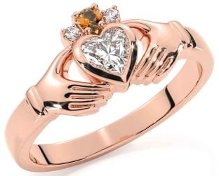 Diamond Citrine Rose Gold Silver Claddagh Ring