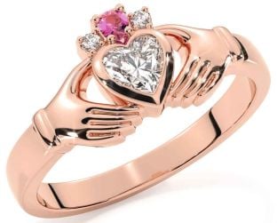 Diamond Pink Tourmaline Rose Gold Silver Claddagh Ring