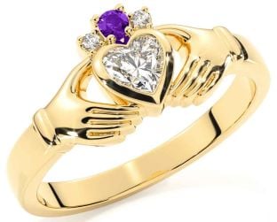 Diamond Amethyst Gold Silver Claddagh Ring