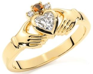 Diamond Citrine Gold Silver Claddagh Ring